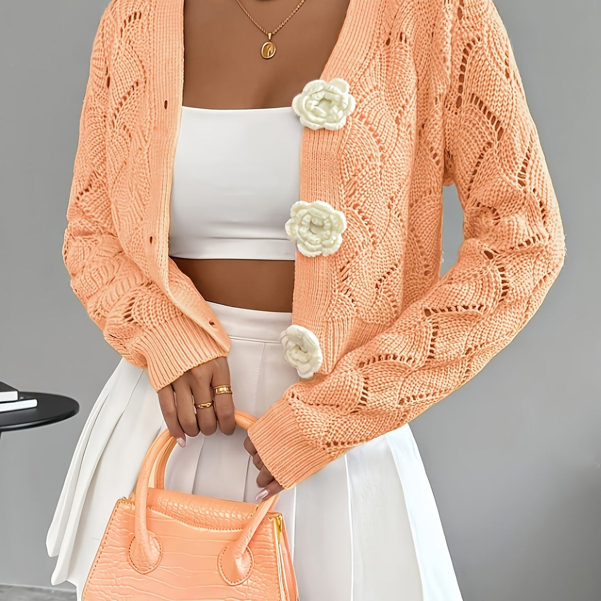 Heidi | Women's Winter Cardigan – Crochet Knit 3D Floral Buttons