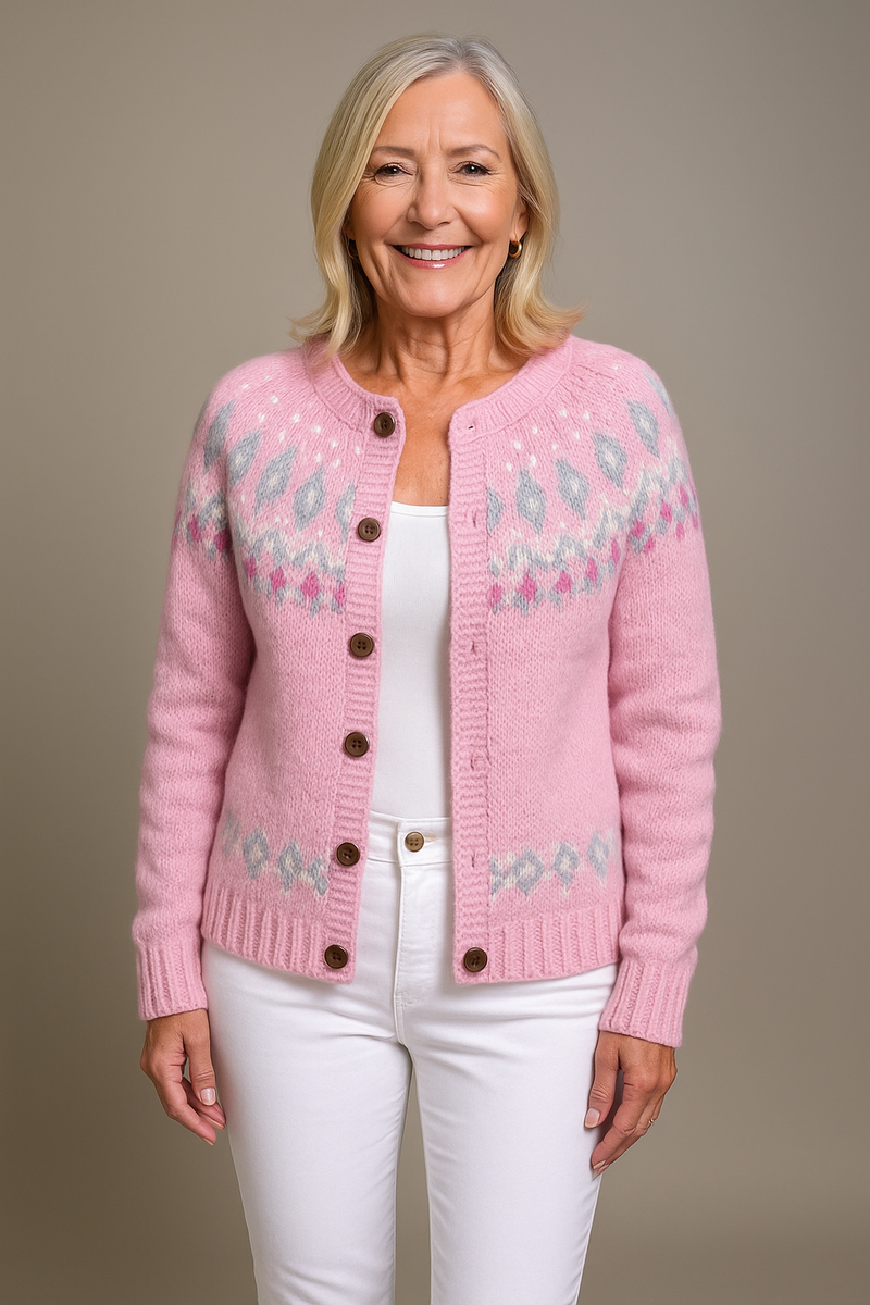 Lottie | Women's Winter Cardigan – Pink Fair Isle Knit, Wooden Buttons
