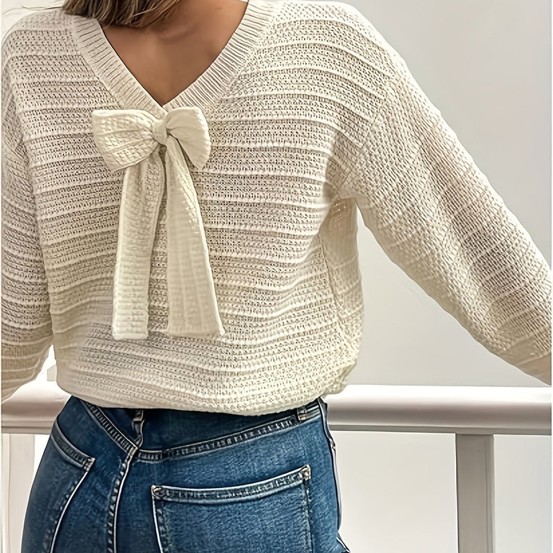 Oriana | Women's V Neck Sweater – Bow Detail Soft Knit Winter Pullover