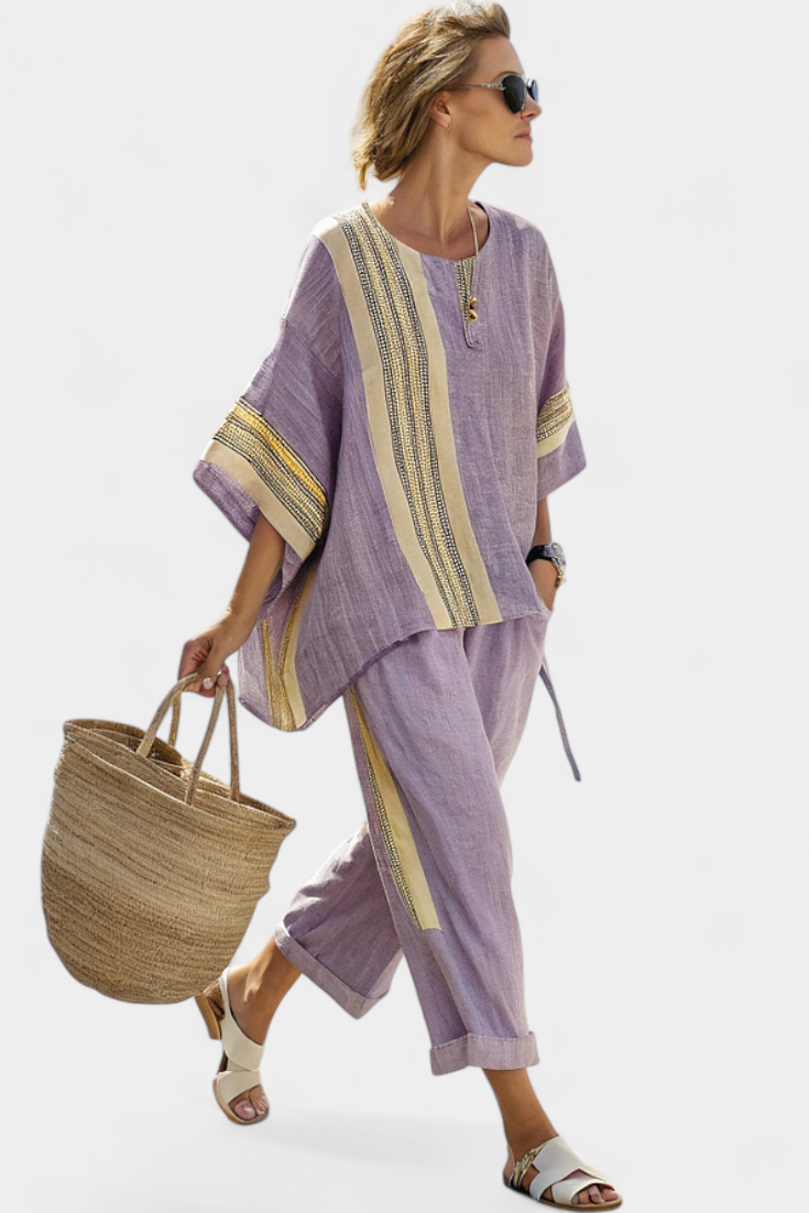 Rachel | Women's Bamboo Linen Two Piece Set | Elegant Oversized Loungewear with Striped Pants
