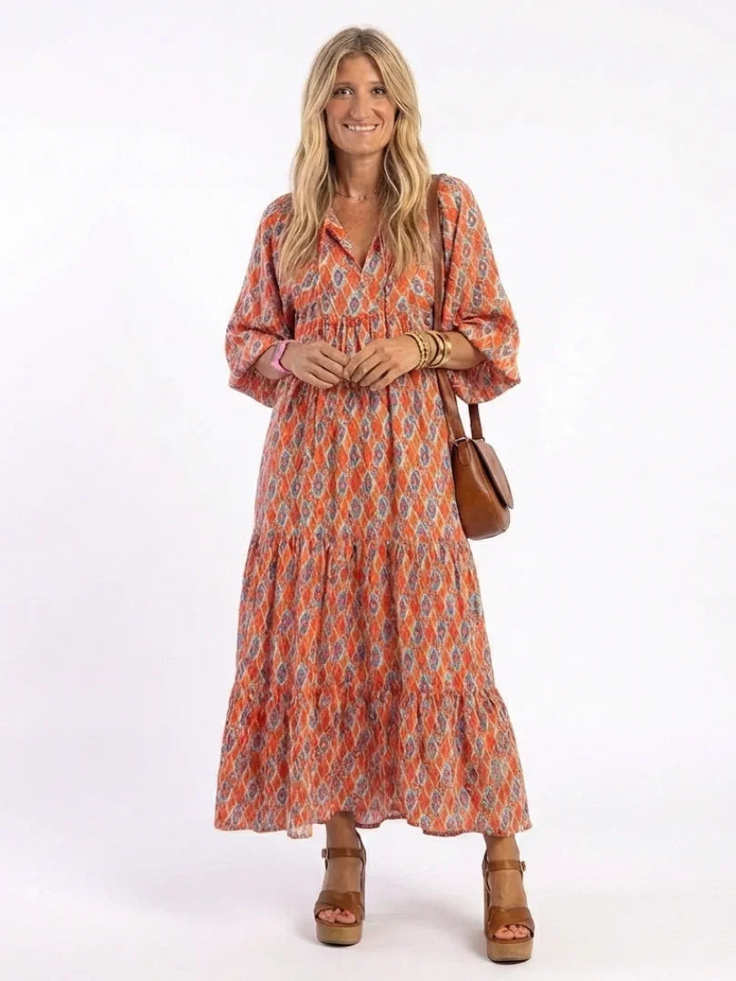 Amaryllis | Tiered Geometric Print Midi Dress