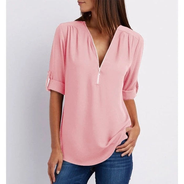 Enid | Soft Blush Zip-Up Blouse