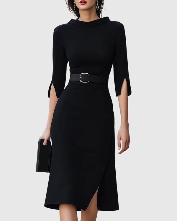 Lydia | Women's Structured Fabric Midi Dress | Elegant Black Cocktail Dress for Evening Wear
