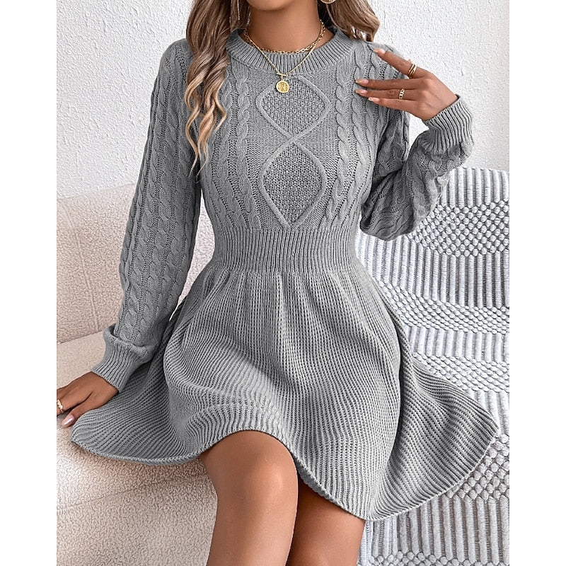 Whitney | Women's Cable Knit Sweater Dress – Fitted Waist Midi Winter Dress