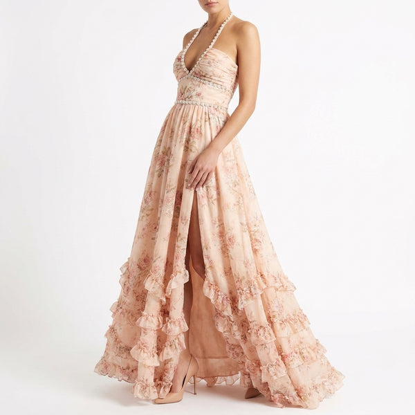 Women's Elegant Peach Tapestry Dress | Graceful Halter Neck Cocktail Gown