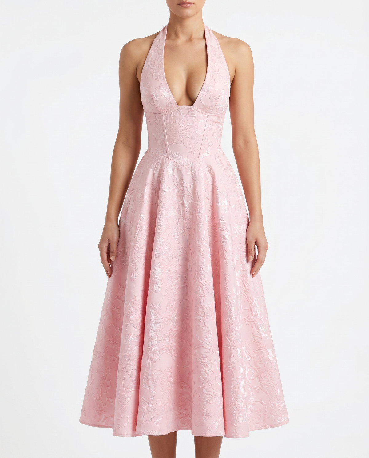 Women's Textured Jacquard Maxi Dress | Elegant Halterneck Sleeveless Summer Gown
