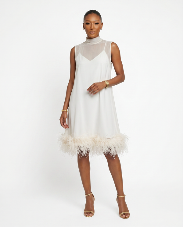 Women's Luxurious Feather Hem Midi Dress | Elegant Sleeveless Cocktail Gown