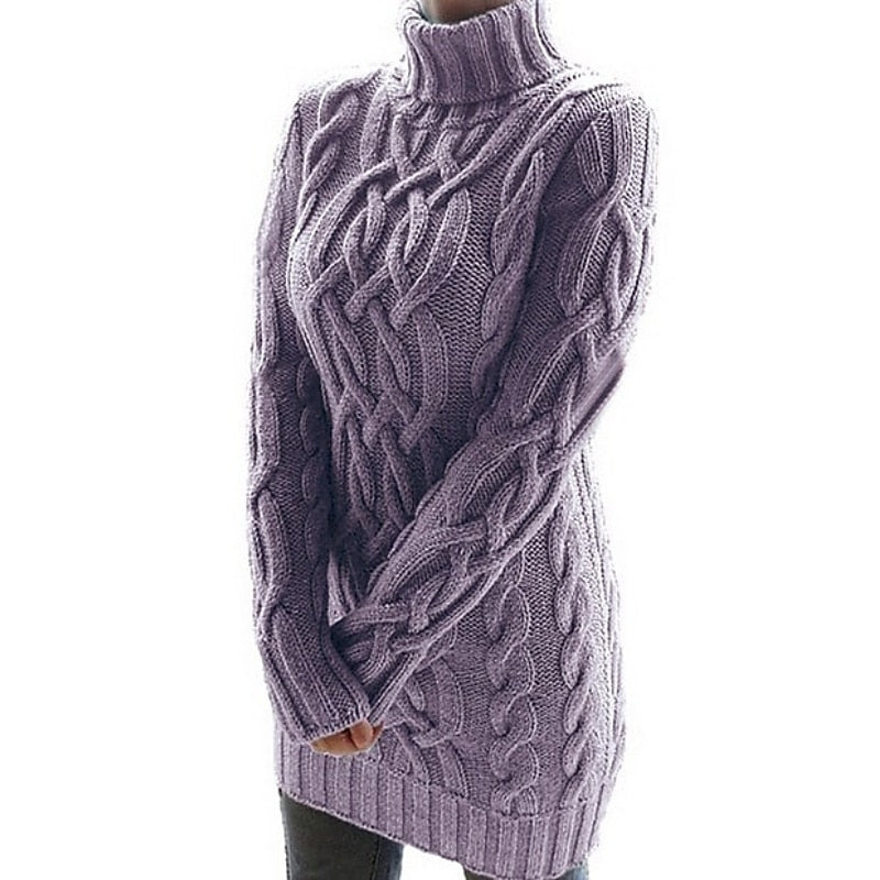 Thea | Women's Turtleneck Sweater Dress – Cable Knit Long Sleeve Midi Dress
