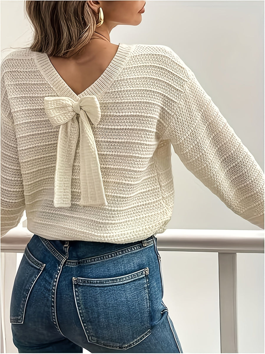 Oriana | Women's V Neck Sweater – Bow Detail Soft Knit Winter Pullover view 2