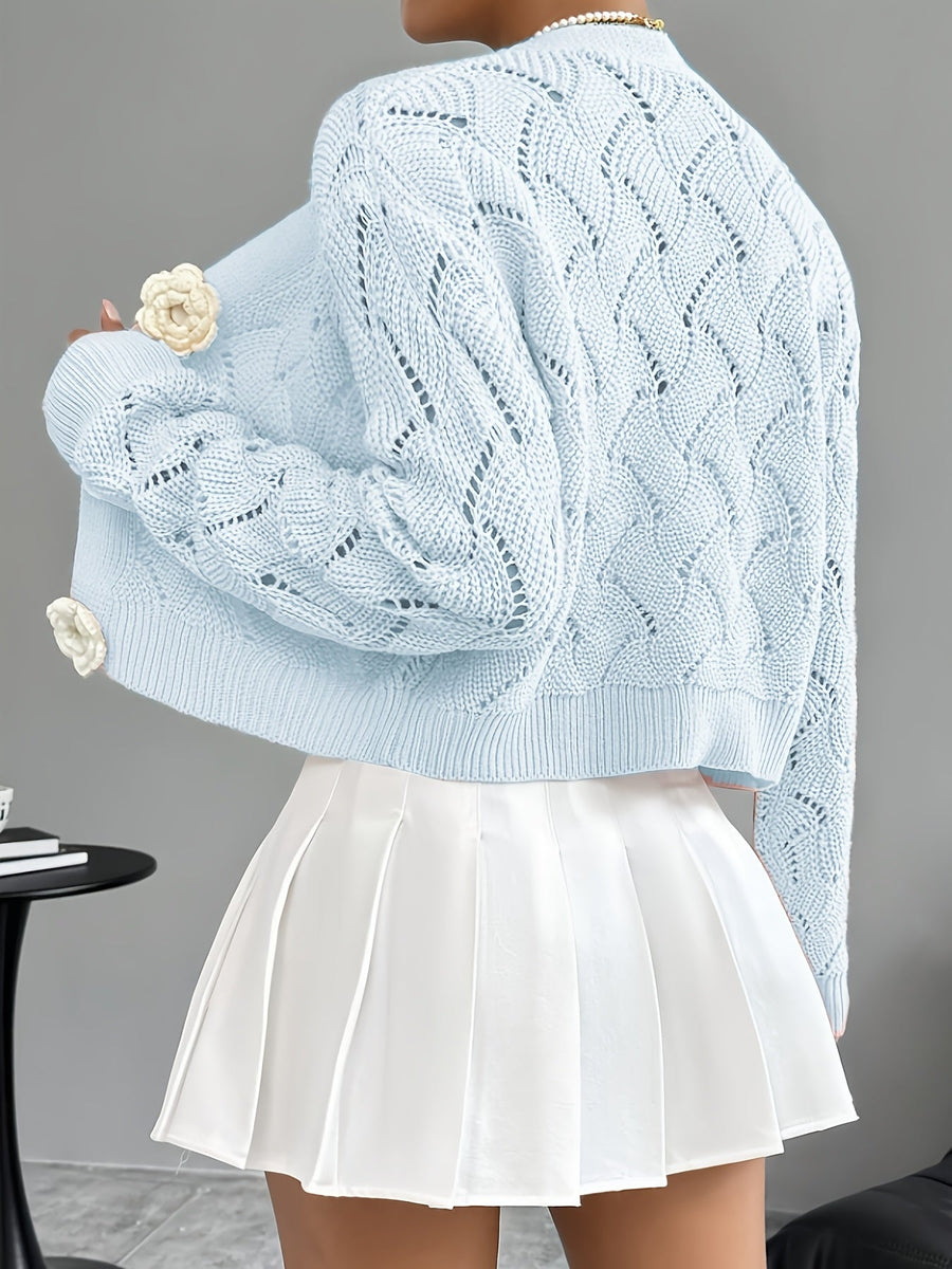 Heidi | Women's Winter Cardigan – Crochet Knit 3D Floral Buttons view 7
