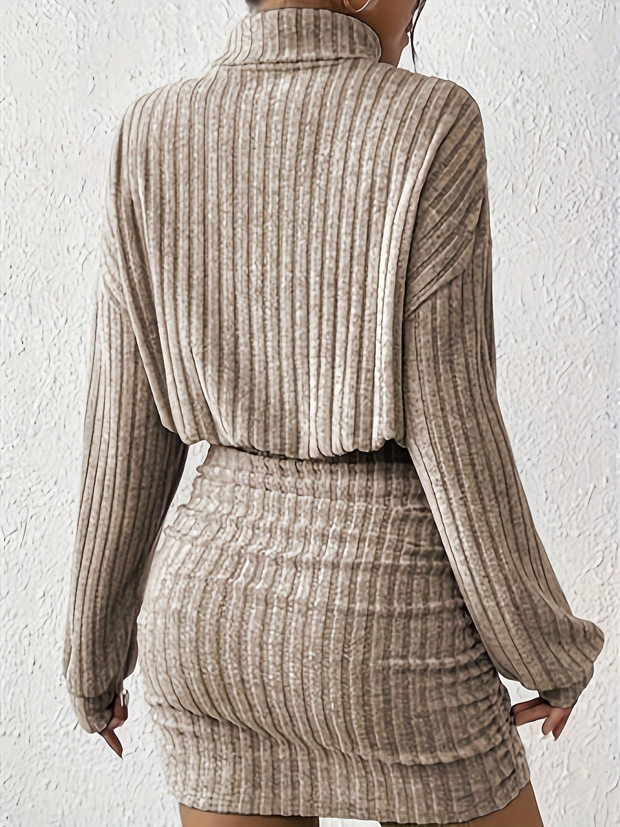 Judith | Women's Ruched Bodycon Dress – Ribbed Long Sleeve Midi Dress view 3