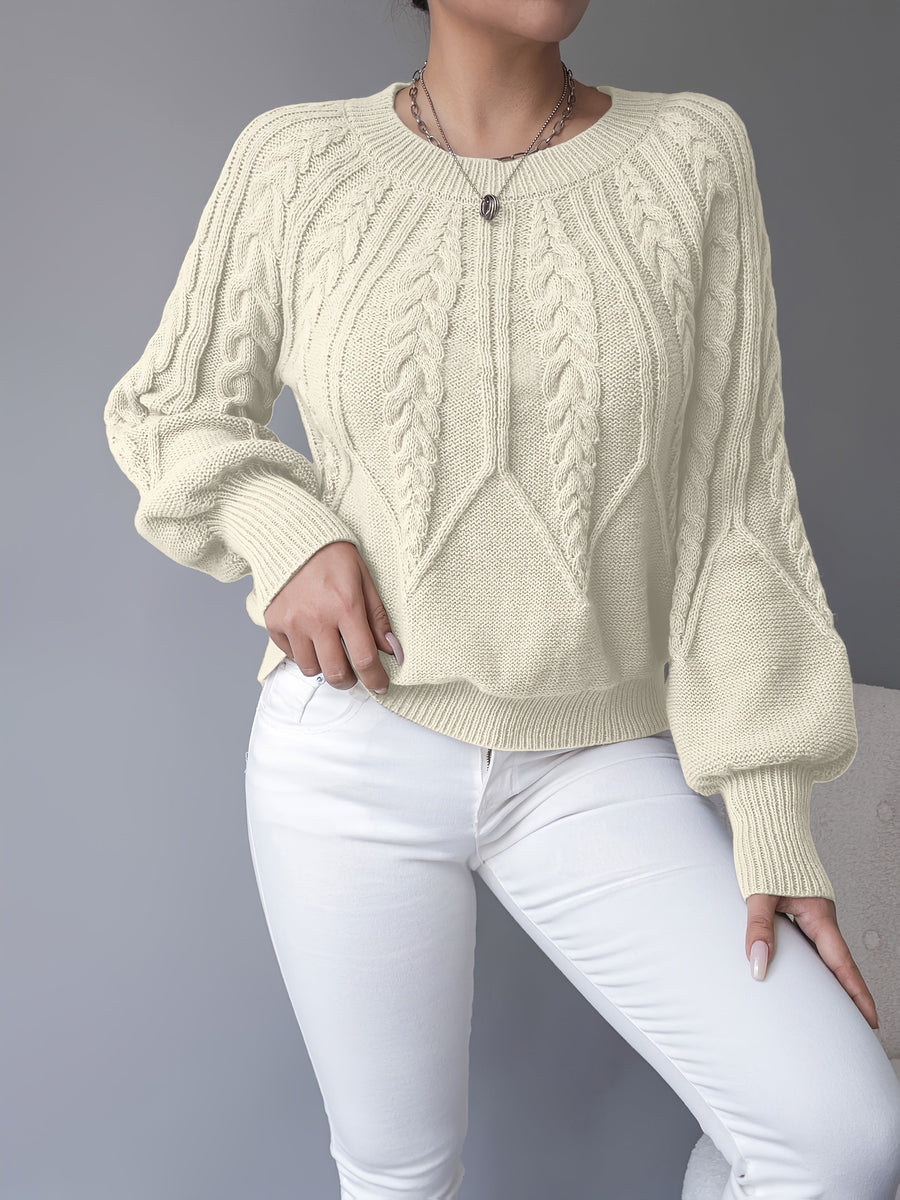 Elsie | Women's Cable Knit Sweater – Lantern Sleeve Textured Pullover view 16