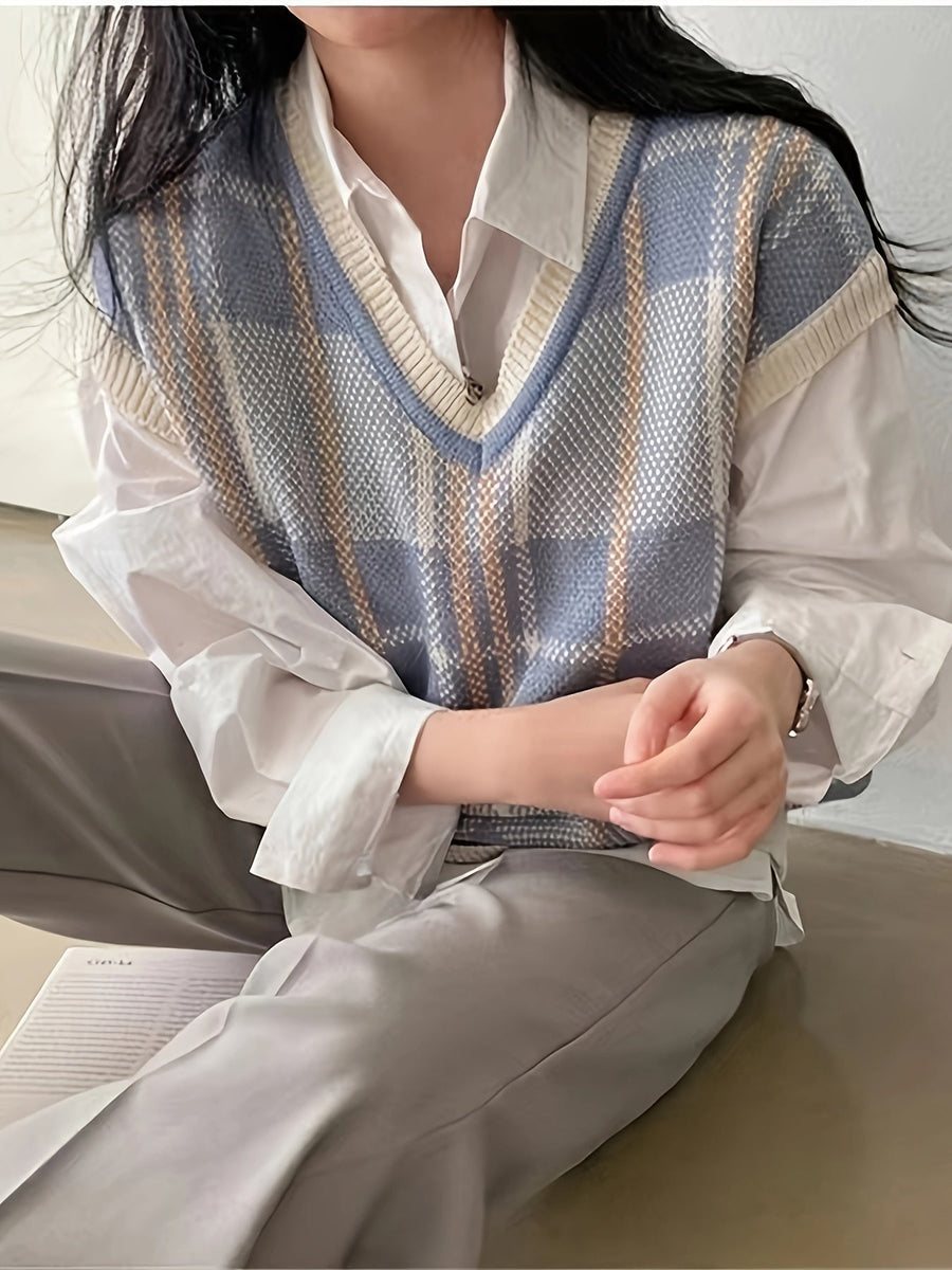 Marnie | Women's Sweater Vest – Vintage Plaid V Neck Knit Vest view 4