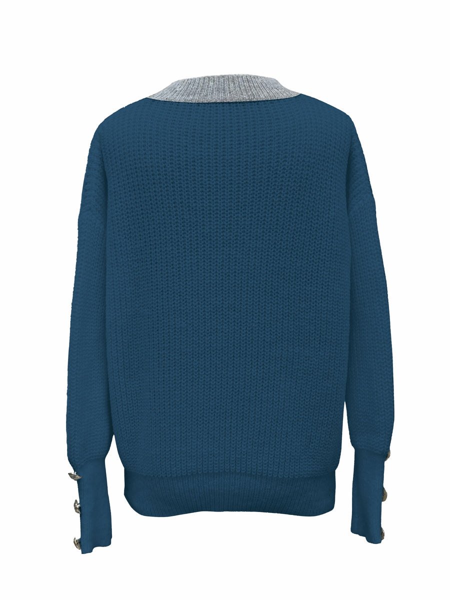 Deirdre | Women's V Neck Sweater – Button Trim Soft Knit Pullover view 2