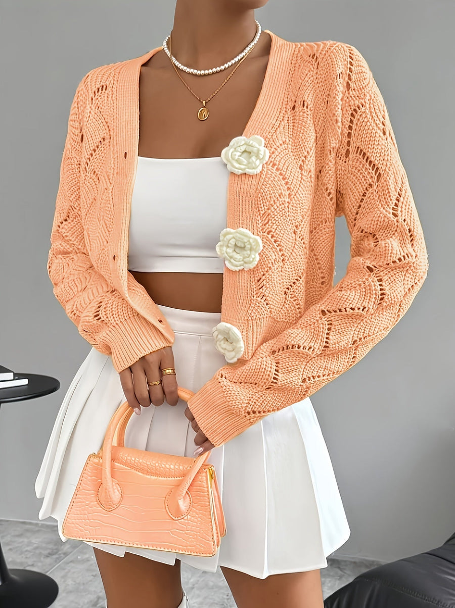 Heidi | Women's Winter Cardigan – Crochet Knit 3D Floral Buttons view 5