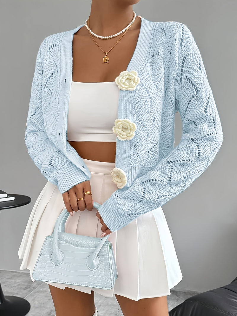 Heidi | Women's Winter Cardigan – Crochet Knit 3D Floral Buttons