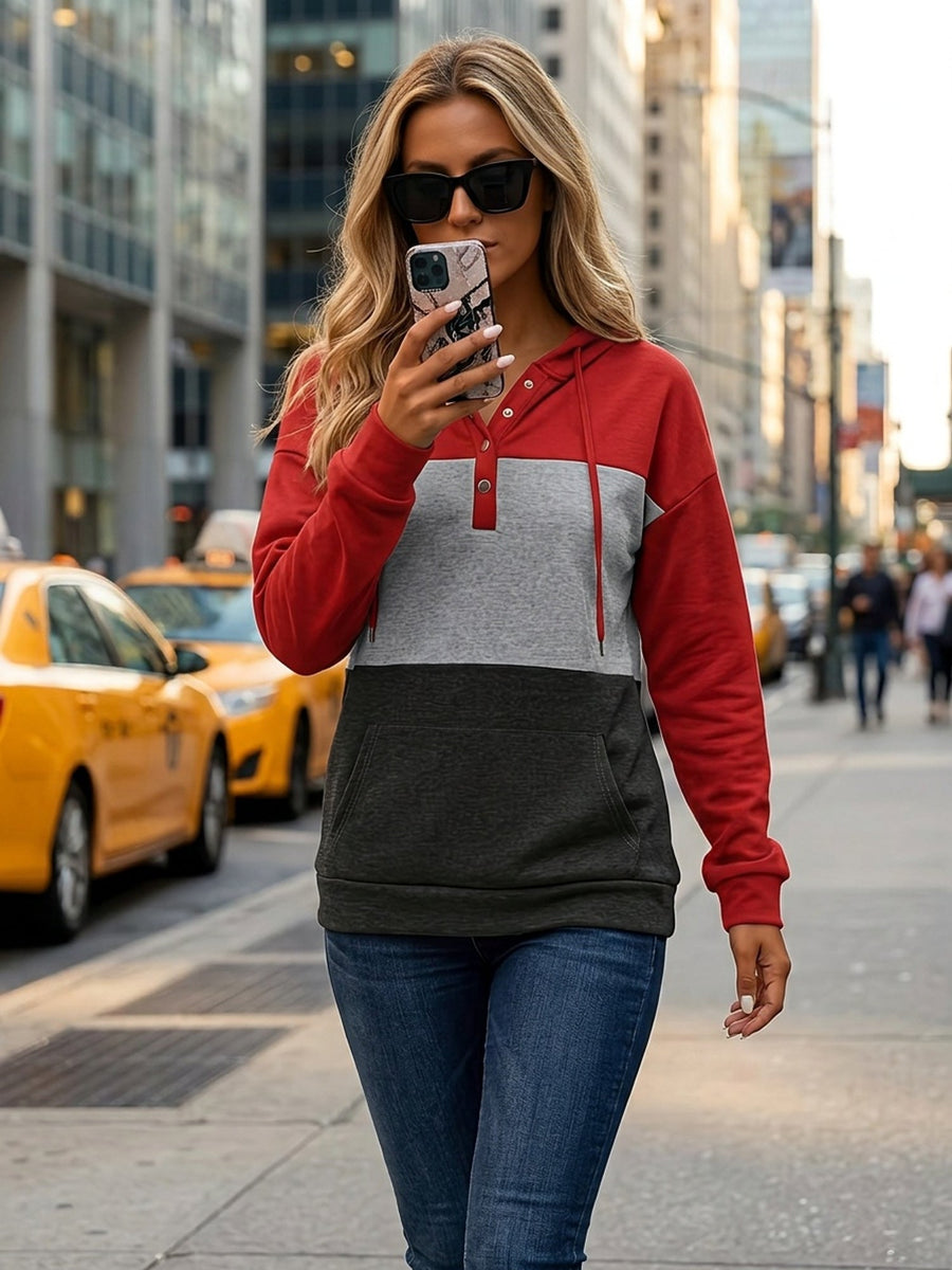 Brynne | Women's Color Block Hoodie – Button Neck Oversized Sweatshirt view 12