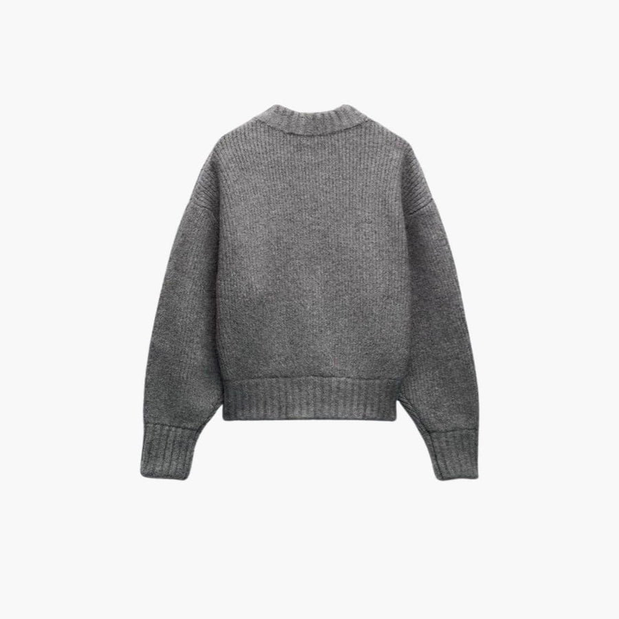Marisela | Cropped Chunky Knit Cardigan with Long Sleeves and Zip-Up Front view 2