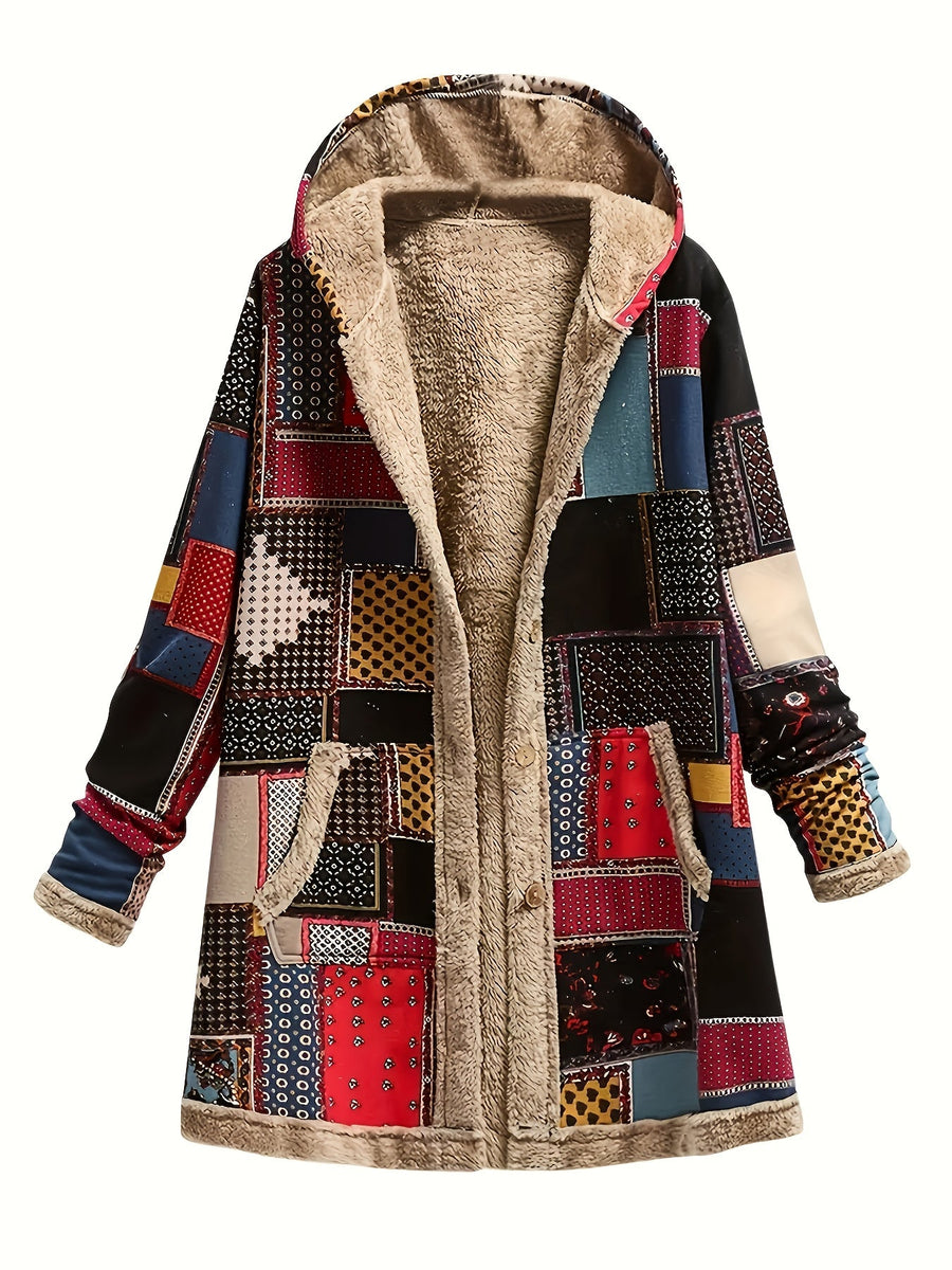 Iris | Women's Plush Lined Hooded Jacket – Patchwork Print Winter Coat view 2