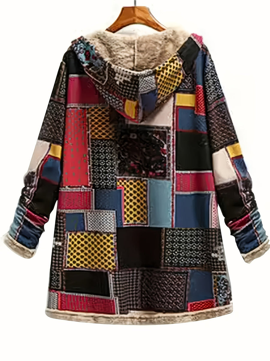 Iris | Women's Plush Lined Hooded Jacket – Patchwork Print Winter Coat view 3