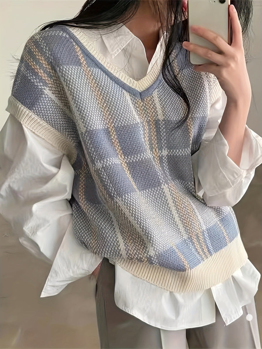 Marnie | Women's Sweater Vest – Vintage Plaid V Neck Knit Vest view 2