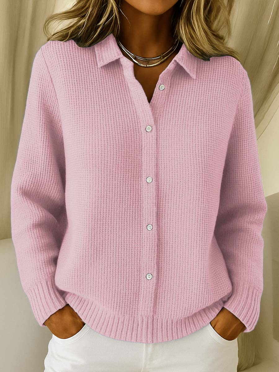 Maisie | Women's Winter Cardigan – Waffle Knit Button-Up Collar Long view 2