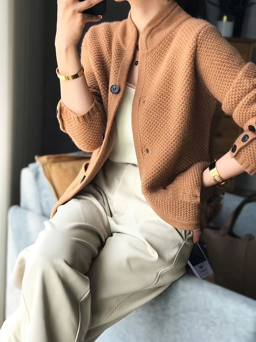Kit | Women's Winter Cardigan – Textured Knit Stand Collar view 3