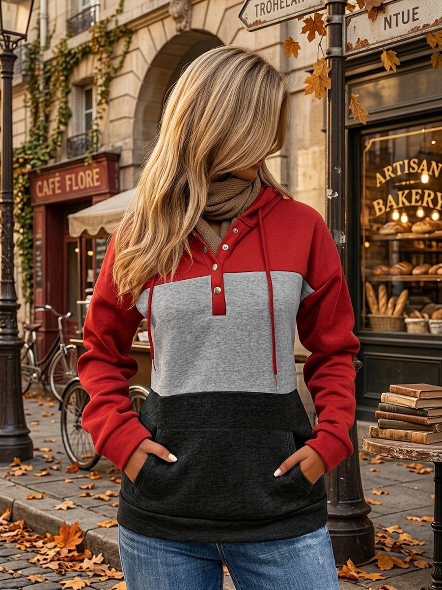 Brynne | Women's Color Block Hoodie – Button Neck Oversized Sweatshirt view 14