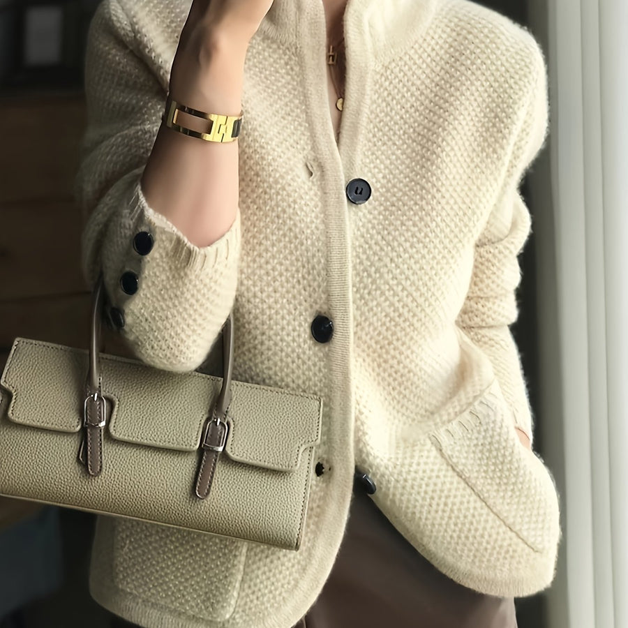 Kit | Women's Winter Cardigan – Textured Knit Stand Collar view 8