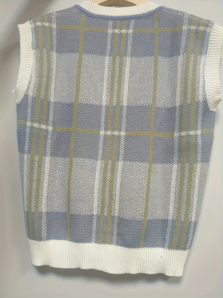 Marnie | Women's Sweater Vest – Vintage Plaid V Neck Knit Vest view 3