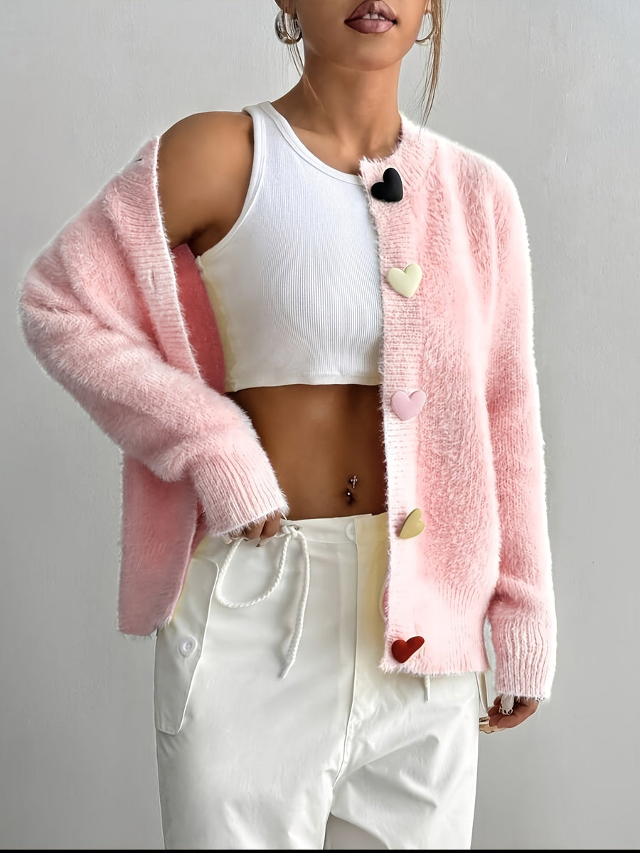 Fleur | Women's Winter Cardigan – Fluffy Cropped Heart Buttons view 3
