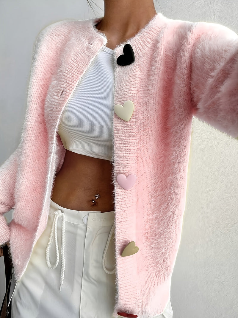 Fleur | Women's Winter Cardigan – Fluffy Cropped Heart Buttons