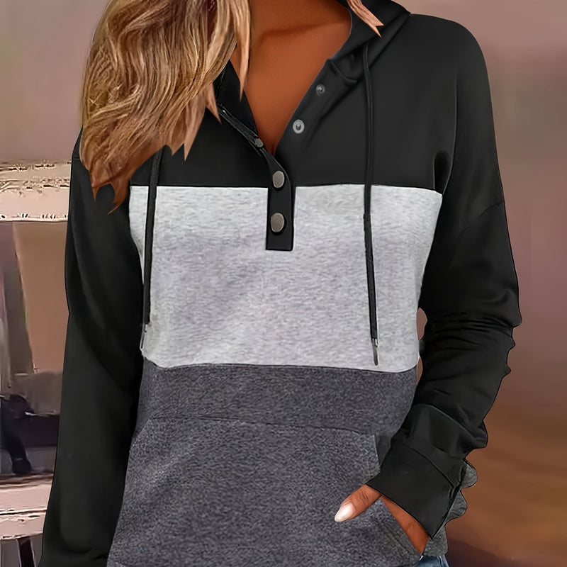 Brynne | Women's Color Block Hoodie – Button Neck Oversized Sweatshirt