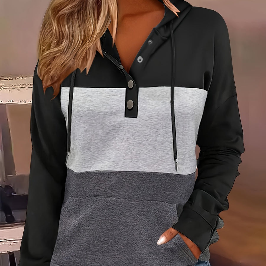 Brynne | Women's Color Block Hoodie – Button Neck Oversized Sweatshirt view 1