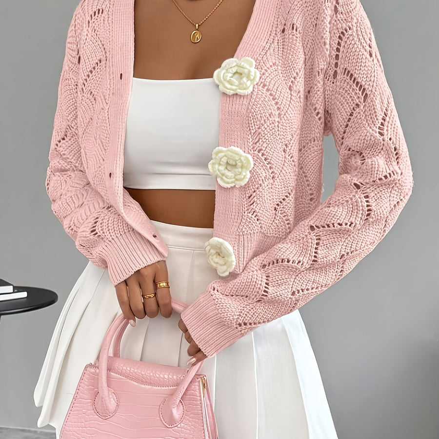 Heidi | Women's Winter Cardigan – Crochet Knit 3D Floral Buttons view 15