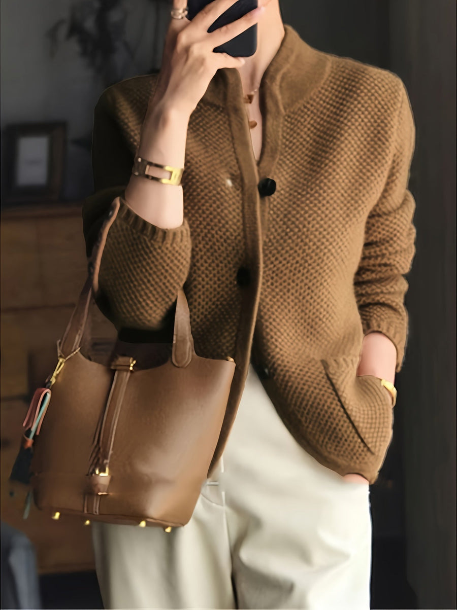 Kit | Women's Winter Cardigan – Textured Knit Stand Collar view 2