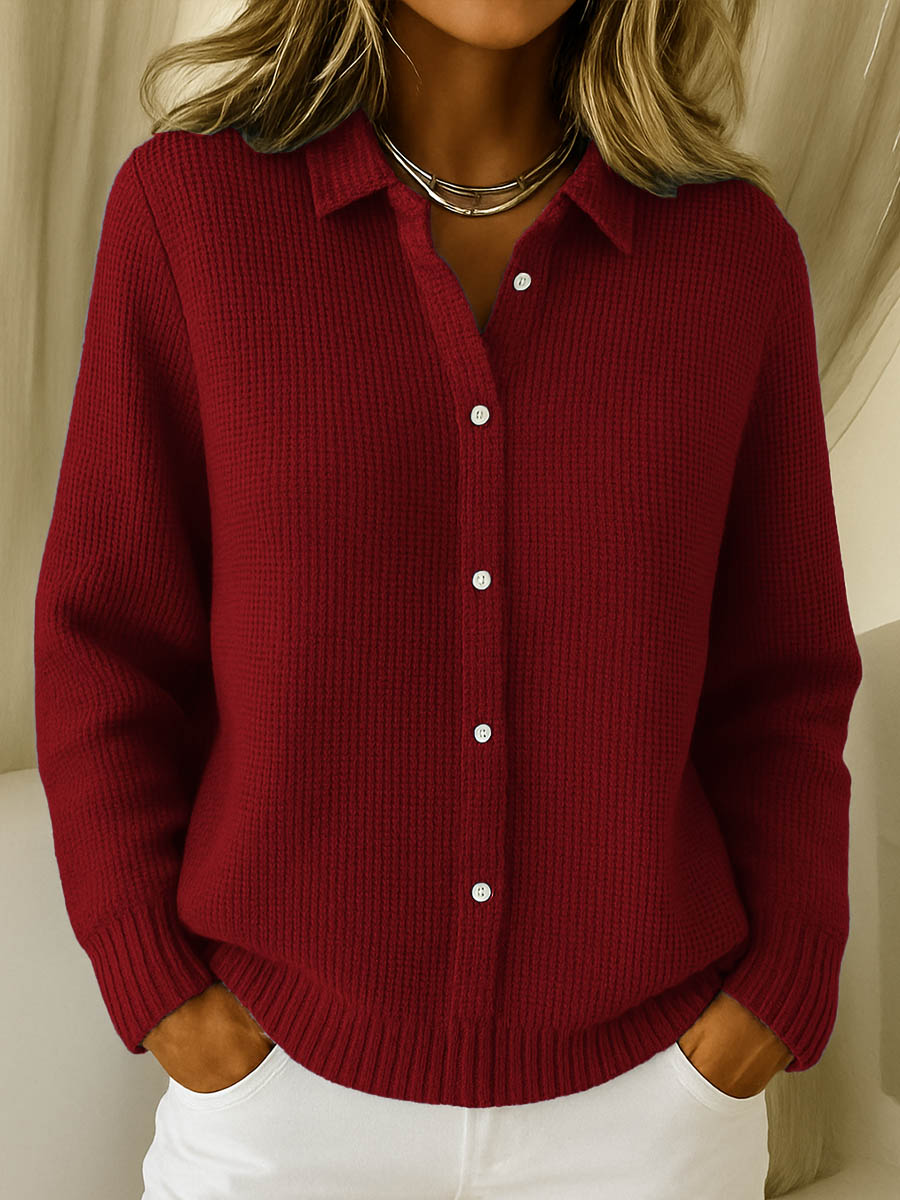 Maisie | Women's Winter Cardigan – Waffle Knit Button-Up Collar Long view 3