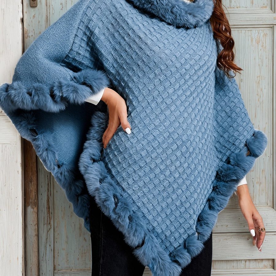 Willow | Women's Poncho Sweater – Fur Trim Cozy Knit Winter Wrap view 6