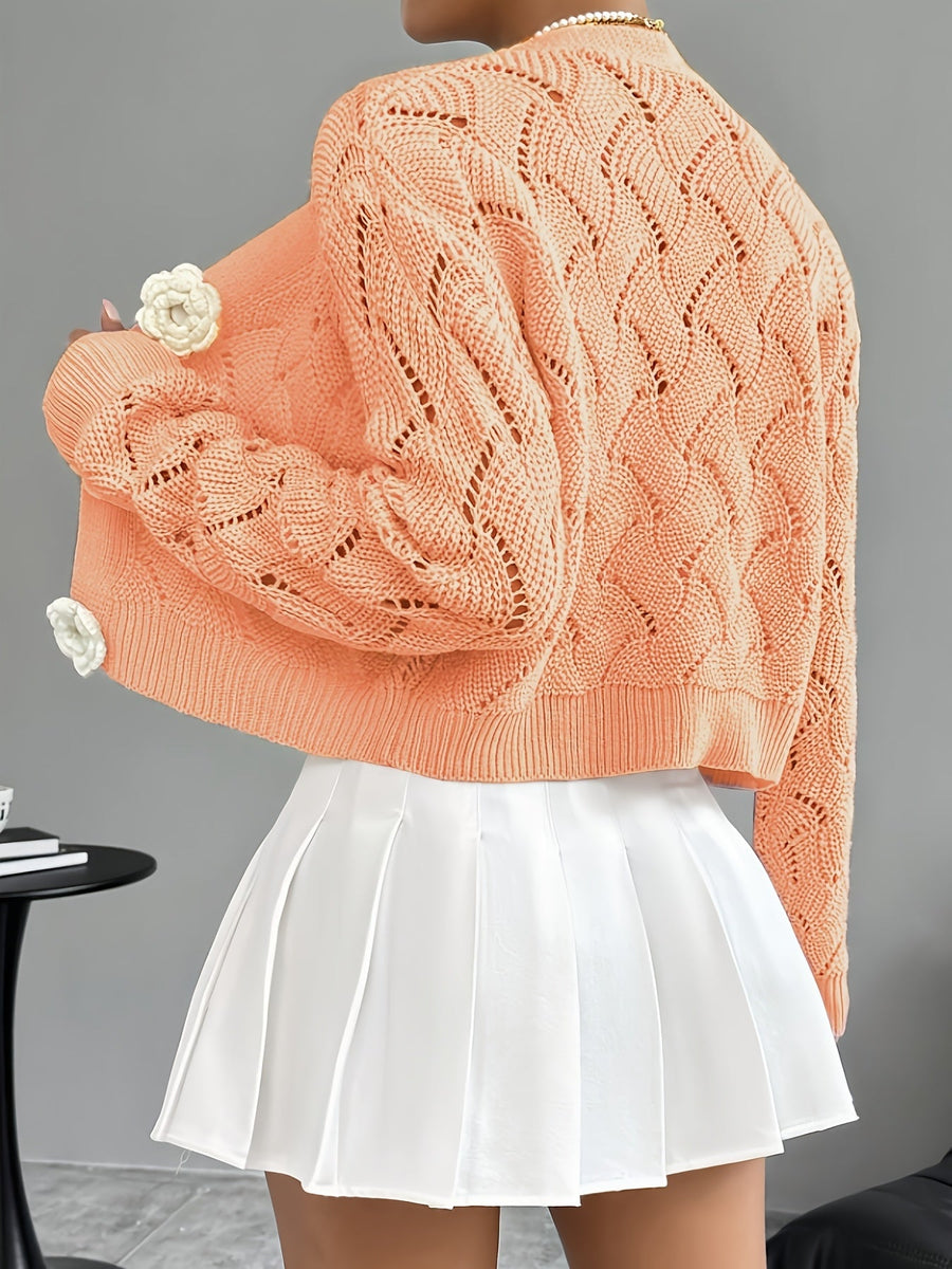 Heidi | Women's Winter Cardigan – Crochet Knit 3D Floral Buttons view 10