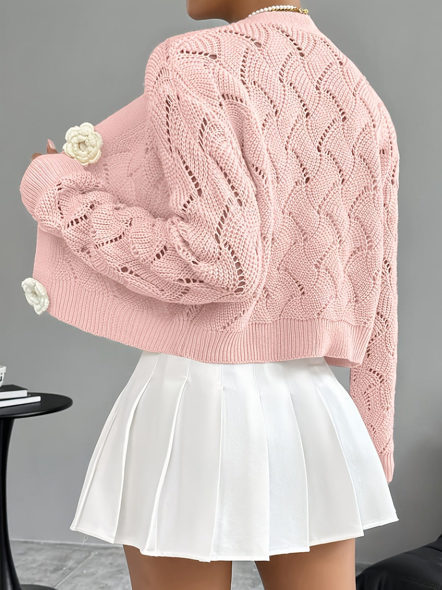 Heidi | Women's Winter Cardigan – Crochet Knit 3D Floral Buttons view 6