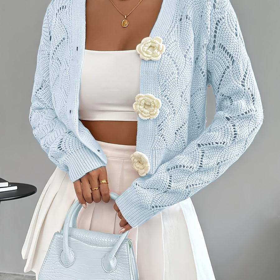 Heidi | Women's Winter Cardigan – Crochet Knit 3D Floral Buttons view 12