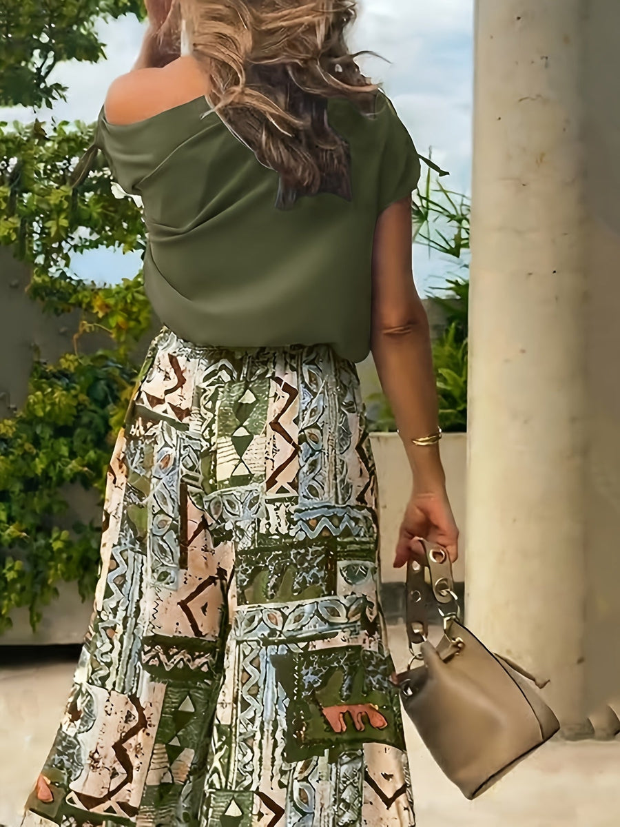 Yvonne | Women's Wide Leg Pants Set – Two Piece Draped Top Matching Outfit view 3