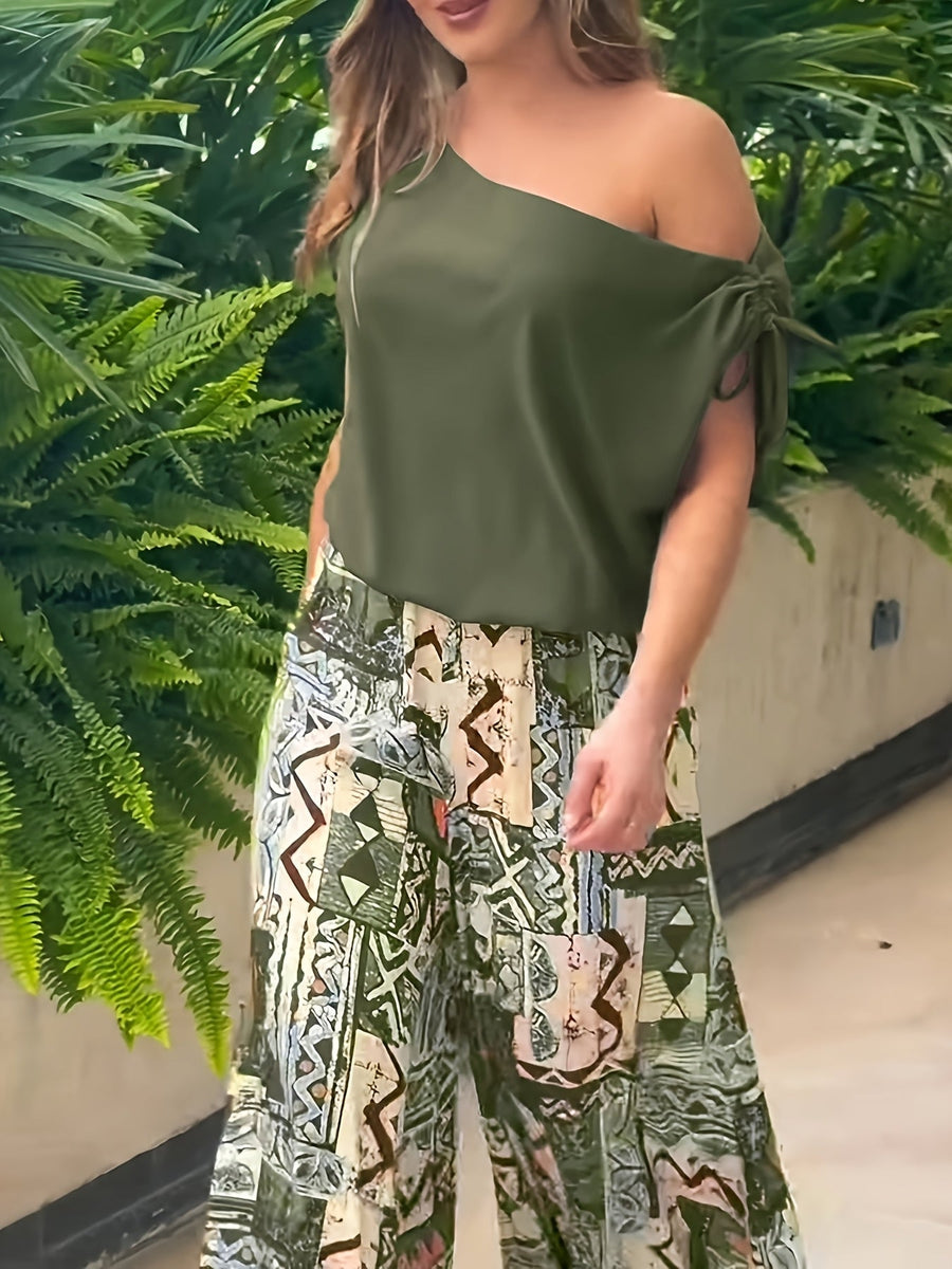 Yvonne | Women's Wide Leg Pants Set – Two Piece Draped Top Matching Outfit view 2