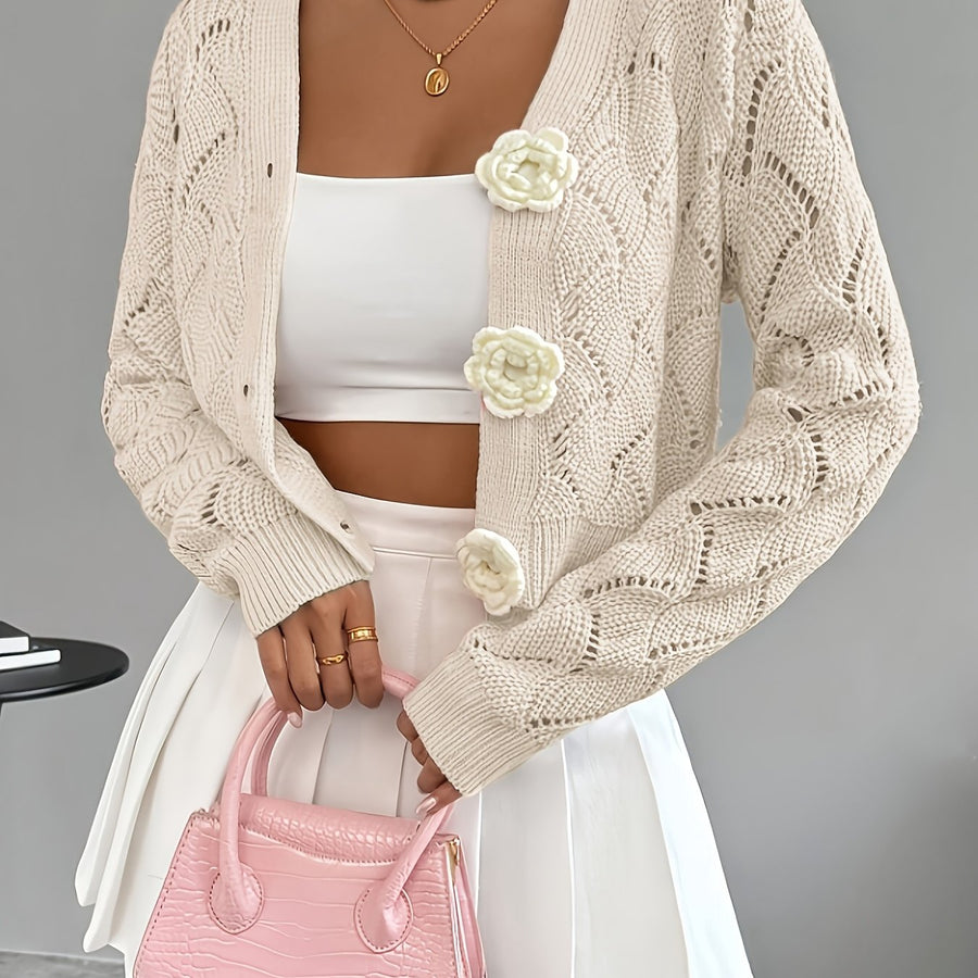 Heidi | Women's Winter Cardigan – Crochet Knit 3D Floral Buttons view 13
