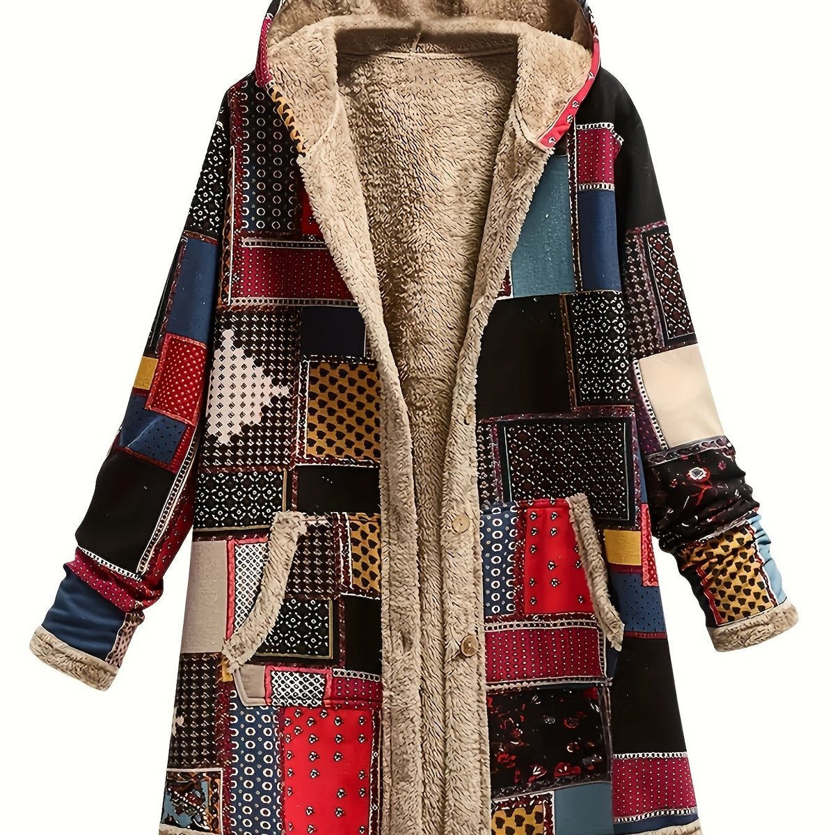 Iris | Women's Plush Lined Hooded Jacket – Patchwork Print Winter Coat