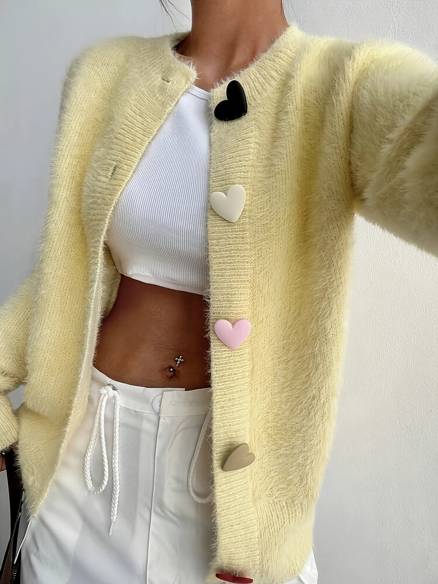 Fleur | Women's Winter Cardigan – Fluffy Cropped Heart Buttons view 2