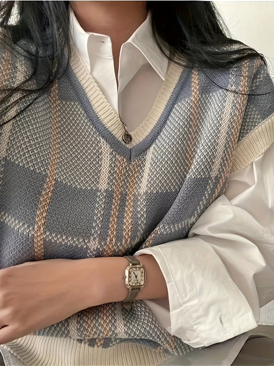 Marnie | Women's Sweater Vest – Vintage Plaid V Neck Knit Vest view 6