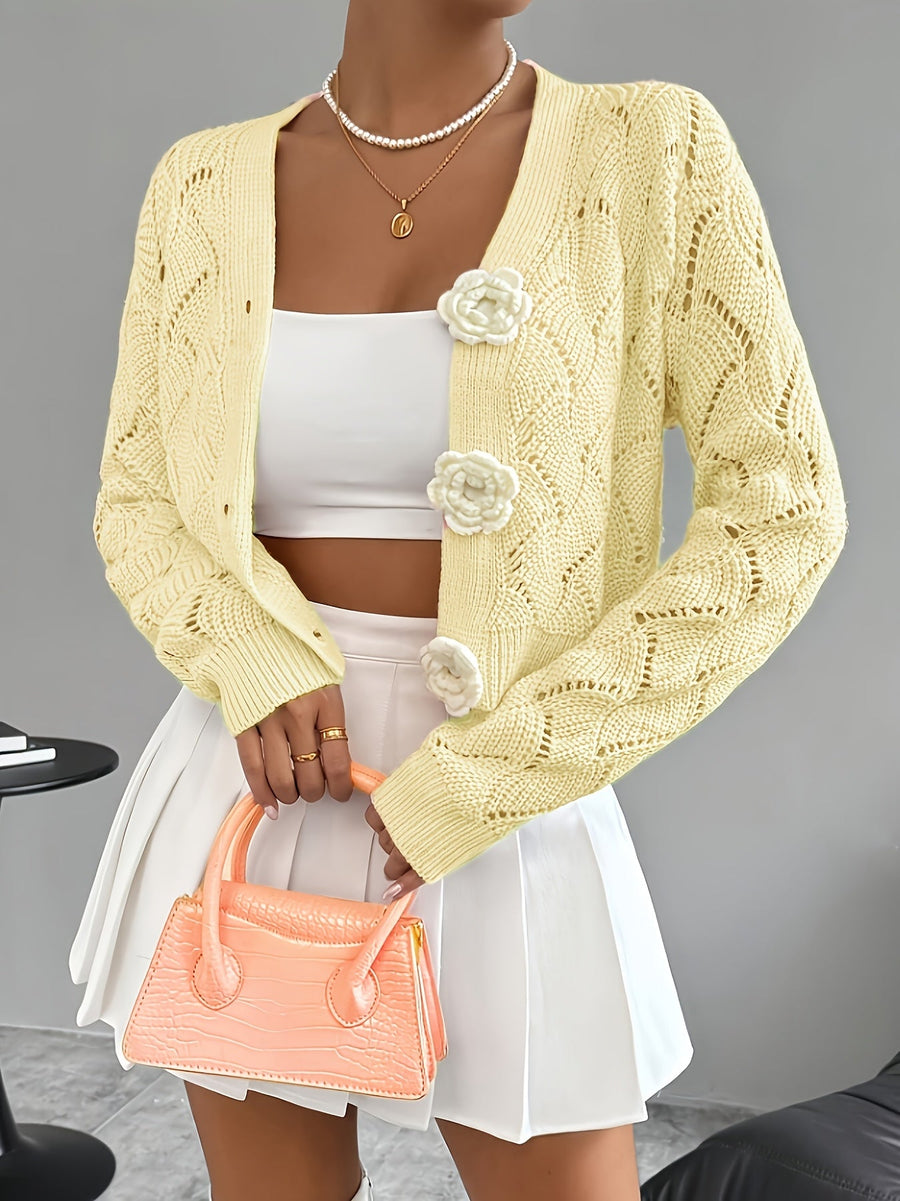 Heidi | Women's Winter Cardigan – Crochet Knit 3D Floral Buttons view 3