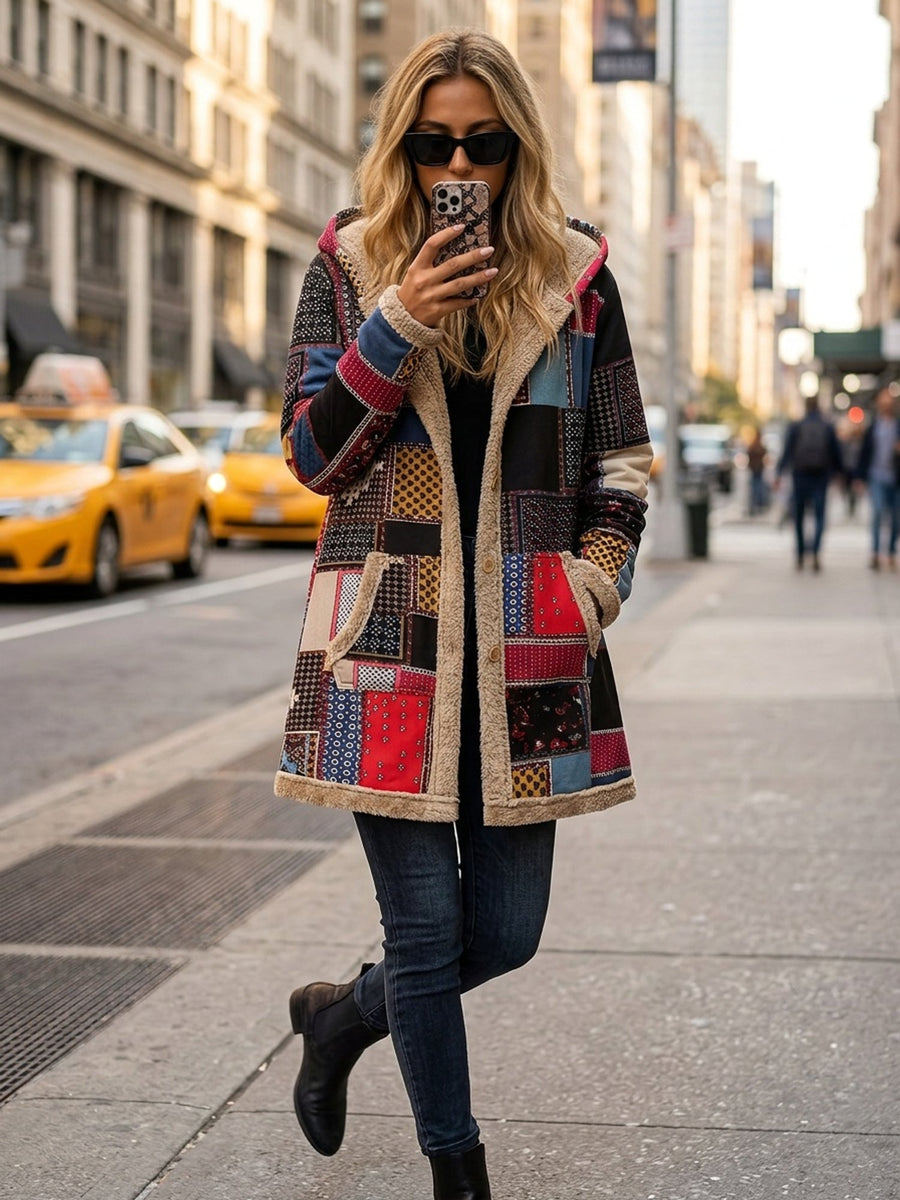 Iris | Women's Plush Lined Hooded Jacket – Patchwork Print Winter Coat view 6