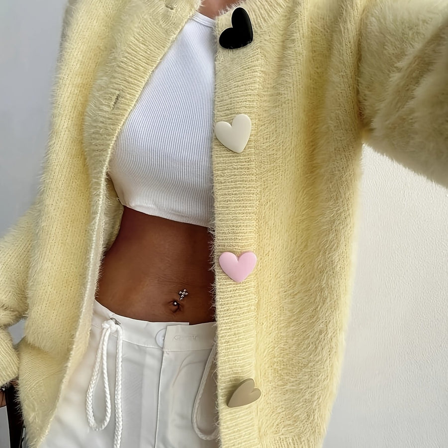 Fleur | Women's Winter Cardigan – Fluffy Cropped Heart Buttons view 5